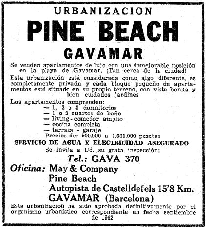 Anuncio de Pine Beach de Gav� Mar publicado en el diario La Vanguardia el 26 de Marzo de 1966 donde se recuerda que esta urbanizaci�n est� aprobada desde septiembre de 1962